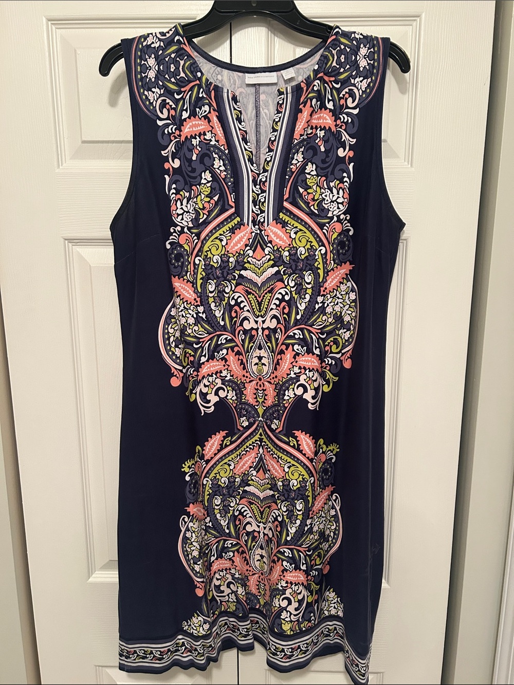 New York & Company Navy Dress with Multi-Color Paisley Trim